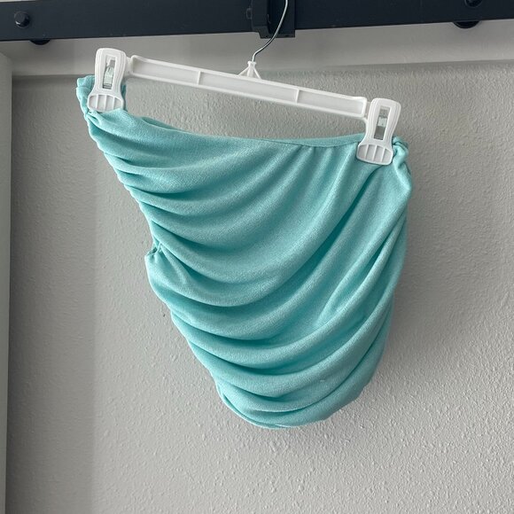 Turquoise Ruched One Shoulder Sleeveless Crop Top - Picture 3 of 6